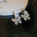 Vintage style gold-toned butterfly hoop earrings with sparkling crystals and pearls - No. 8 Silver Post Earrings - Gold (Pearl Butterfly)