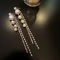 Elegant long silver needle pearl tassel drop earrings with sparkling rhinestones - Silver Needle Tassel Style (23)
