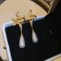Elegant Korean-style gold flower drop earrings with lustrous white teardrop pearls - Pearl Pendant Flower Style (11#) / Gold