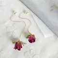 Elegant gold chain long drop earrings with real preserved rosebuds and white pearl studs - Gold Style (HE3693)