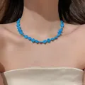 Detailed shot of vibrant blue irregular square beads on a summer style clavicle necklace - 15# Necklace-Blue (Titanium Steel)