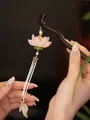 Elegant handmade lotus hair stick with pearl tassels and dark wooden body for women - Pink Gradient Lotus Tassel (HH5569)
