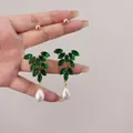 Elegant green crystal leaf earrings with white pearl drop for women - 19# Silver Needle - Green