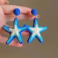 Handcrafted blue raffia woven starfish drop earrings perfect for summer beach vacation - 6# Silver Needle - Blue