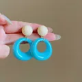 Minimalist bright blue circular resin earrings with a cream spherical bead accent - 10# Silver Needle - Blue