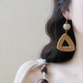 Boucles d'oreilles triangulaires en rotin tressé avec perles pour la plage - Style Triangle Tissé / 4# Tige d'oreille en argent-Café-Triangle