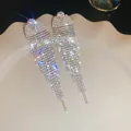 Elegant silver rhinestone long fringe tassel drop earrings with a brilliant sparkling effect - 5# Silver Earring Post - Silver