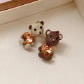 Adorable teddy bear stud earrings featuring faceted amber heart crystals SKU set - Leopard Print Coffee Brown