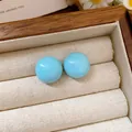 Sky blue button stud earrings with a glossy finish presented in a cream jewelry box - 41# Silver Needle - Blue