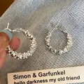 Textured silver-plated hoop earrings with chunky layered metal design - 62# Silver Earring Post - Silver