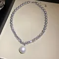 Elegant silver gray pearl and clear zircon spliced necklace featuring a white pearl pendant - Spliced Zirconia Pearl Necklace / Silver-Grey