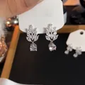 Elegant silver leaf drop earrings decorated with marquise crystals for luxury evening style - 90# Silver Needle - Silver