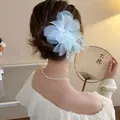 Elegante fermaglio per capelli a fiore in garza azzurra con lunga nappa di perle Hanfu - Stile 21#