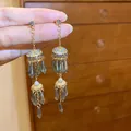 Elegant gold tassel earrings featuring grey teardrop beads and delicate pearl accents - 55# Silver Pin-Gold-Green