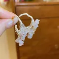 Elegant silver branch hoop earrings featuring delicate pink frosted floral charms - 85# Silver Needle - Silver - Pink