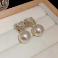 Elegant French style square crystal and white pearl drop earrings with silver needle - Silver Earring Post Style / Gold