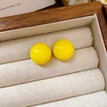 Bright yellow round dome stud earrings displayed in a premium wooden jewelry box - 42# Silver Needle - Yellow