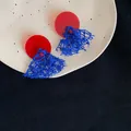 Statement fabric tassel earrings featuring a red circular base and blue lace fan design - 22# Silver Pin Red Blue