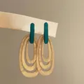 Oversized layered oval drop earrings with teal resin accents for a vintage vacation look - 3# Silver Needle - Blue - Brown