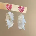 Elegant heart-shaped stud earrings with multi-layered white chiffon flower tassels for women - 12# Silver Needle - Pink - White