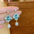 Holiday style earrings with green mountain pattern and elegant teardrop pearls - 76# Silver Needle - Gold - Green - White