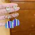 Elegant gold geometric earrings with colorful striped acrylic semi-circle drops - 77# Silver Needle - Gold - Multicolored