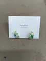 Fashionable geometric striped stud earrings with colorful glass beads decoration - Green-Pink-Blue