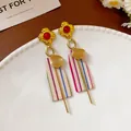 Elegant vacation style drop earrings featuring colorful stripes and golden floral accents - 79# Silver Needle - Flower - White - Colorful
