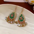 Elegant vintage gold-tone teardrop earrings with green and brown stones and bead fringe - 75# Ear Hooks - Gold - Green - Brown