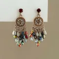Vintage bohemian tassel drop earrings with vibrant colorful crystals and gold finish - 1# Silver Pin - Multi-color