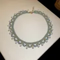 Collier ras-de-cou élégant en perles de verre bleues avec perles gouttes d'eau - Style Tissé en Vague d'Éventail (Collier 5#) / Or bleu blanc