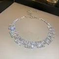 Elegant square rhinestone link necklace with adjustable chain in silver finish. - Round Rhinestone Style (HE14349) / Silver