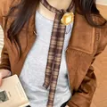 Vintage Maillard checkered scarf necklace with yellow flower ornament. - Coffee Plaid Yellow Flower