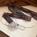 Retro Maillard style plaid fabric choker necklace with a large translucent fabric rose detail - Coffee Blue Plaid Rose