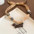 Vintage Maillard silk ribbon necklace with dachshund pendant and leopard beads - Light Coffee Dachshund Set