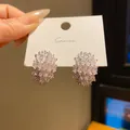 Close-up showing the intricate cubic zirconia details of silver oval stud earrings. - Oval Cluster Style (6) / Silver