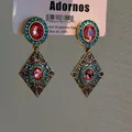 Vintage palace style drop earrings with red and blue rhinestones in ornate metal - Rhombus Dangle Style (65) / Gold with Red