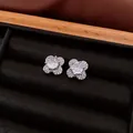 Elegant silver-colored four-leaf clover stud earrings with sparkling cubic zirconia - Full Rhinestone Flower Clover Style (19) / Silver