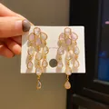 Elegant gold plated chandelier drop earrings with pear-cut crystals on s925 silver pins - Teardrop Tassel Long Style (27) / Gold