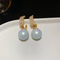 Elegante C-förmige Ohrringe mit blauen Perlen und Zirkonia, Silberstecker-Design - 44# C-Shape Zirconia Artificial Pearl Style / Blassblau/Silber