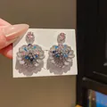Elegant vintage flower drop earrings with pink and blue crystals on silver needle posts. - Tri-Color Gem Flower Style (51) / Silver