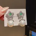 Vintage palace style pearl drop earrings with green gem and crystals for women - Cat Eye Pearl Dangle (53) / Silver Plated Green