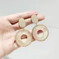 Vintage ethnic style woven grid circular drop earrings in cream and gold finish - White Grid (HE2526) / Silver Earring Post Style