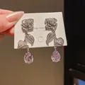 Elegant vintage rose dangle earrings with sparkling micro-pave crystals and teardrop zircon - Rose Teardrop Gem Style (55) / Silver