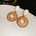 Vintage ethnic style circular earrings with white oval top and gold grid pattern - Pink Grid (HE2526) / Silver Earring Post Style