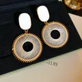 Vintage ethnic woven mesh circle drop earrings with white oval studs in gold finish - White Grid (HE2526) / Clip-on Earrings