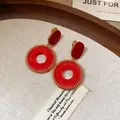 Retro red woven mesh round stud earrings with ethnic style and gold finish accents - Red Grid (HE2526) / Clip-on Earrings