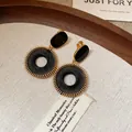 Retro ethnic style black mesh circle earrings with gold metal accents - Black Grid (HE2526) / Clip-on Earrings