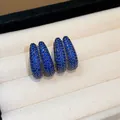 Close-up detail of elegant double-row blue zircon pavé geometric hoop ear cuff earrings - 1# Curved Ear Buckle (HE30553) / Gun Black - Blue