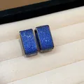 Macro detail of rectangular hoop earrings paved with brilliant blue zircon stones in box. - 2# Rectangular Ear Buckle (HE30554) / Gun Black - Blue